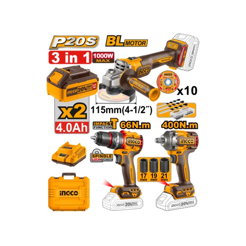 ست دریل، مینی فرز و بکس شارژی براشلس کمبو اینکو مدل COSLI241291