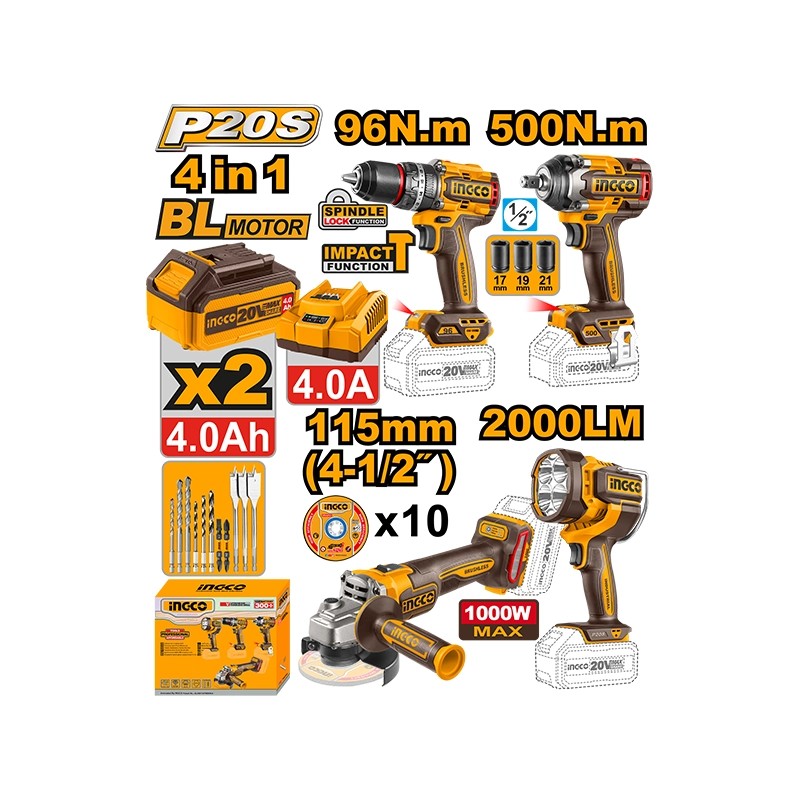 ست دریل، مینی فرز، چراغ کار و بکس شارژی براشلس کمبو اینکو مدل COSLI241292